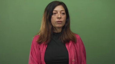 Orta yaşlı, pembe tişörtlü bir kadın yeşil stüdyoda kamerayı işaret ediyor..