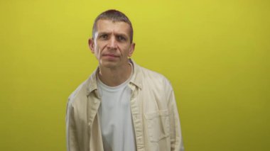Beyaz gömlekli beyaz adam, parlak sarı duvara karşı duruyor, izole edilmiş, tarafsız bir ortamda merak ve odak ifade ediyor, tefekkür veya muayene öneriyor..