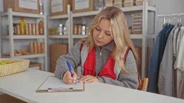 Sarı saçlı genç bir kadın bağış merkezinde panoya yazıyor. Etrafı erzak raflarıyla çevrili, çabaları organize etmeye odaklanmış..