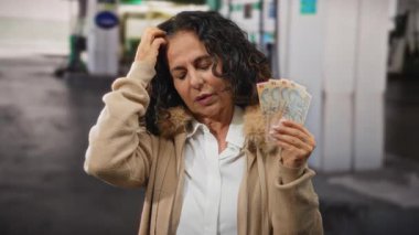 Orta yaşlı bir kadın, Romanya banknotlarını açık bir benzin istasyonunda tutuyor. Yorgun bir ifade sergiliyor. Kamuya açık bir ortamda maddi endişe veya stres gösteriyor..