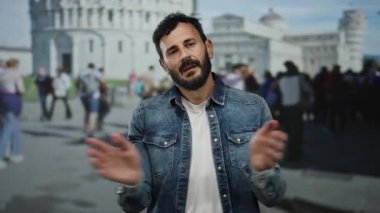 Sakallı İspanyol adam sidik kulesinin yanında duruyor, kot giyiyor, hareketli bir İtalyan kasabasının arka planında..