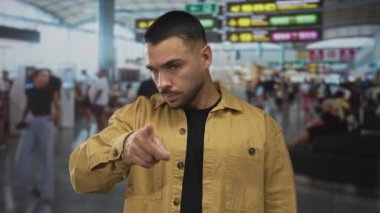 Sakallı bir adam kalabalık havaalanı terminalinde cam pencereli kamerayı işaret ediyor..