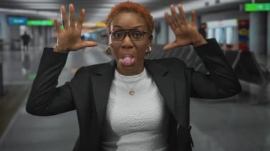Genç Afrikalı Amerikalı kadın elini uzatıyor ve hareketli bir havaalanı terminalinde iki elini de kaldırıyor..