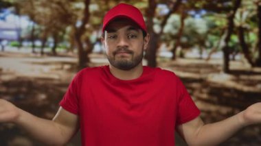 Güneşli yeşil parkta omuzlarını silker parlak kırmızı başlık ve kolları açık gömlek giyerek; belirsizlik kafa karışıklığı kararsızlık.