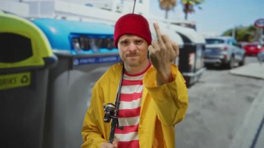 Sarı ceketli ve elinde olta kamışı olan kırmızı bereli genç adam, arka planda arabalar ve çöp kutularıyla şehir kontrastı yaratmak için şehir caddesinde kaba bir hareket yapıyor..