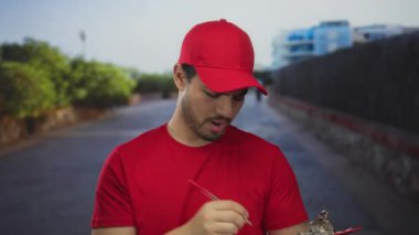 Kırmızı şapkalı ve tişörtlü genç İspanyol adam gün ışığında panoya kalemle yazı yazıyor..