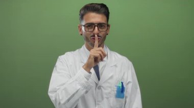 Beyaz labirent gözlüklü bilim adamı yeşil stüdyoda sessizlik için parmaklarını dudaklarına uzatıyor..