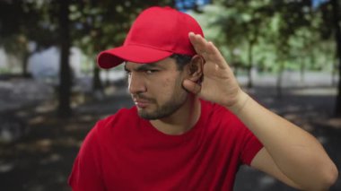 Kırmızı üniformalı teslimatçı, gün ışığında yeşil bir parkta başını eğip dikkatle dinlerken kulak arkası yapıyor..