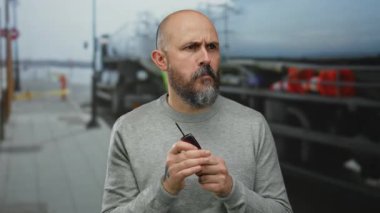 Elinde araba anahtarı olan bir adam şehir sokaklarında şaşkın bir şekilde duruyor. Arka planda kamyon ve yol unsurları olan kel sakallı bir adam var..