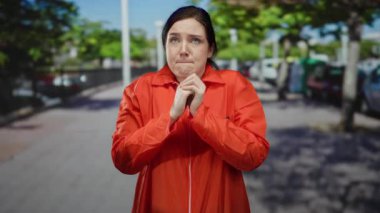 Turuncu hapishane tulumu giyen bir kadın sokakta duruyor, parmakları çapraz, umut dolu görünüyor, bulanık yeşillik ve parlak gün ışığı altında..