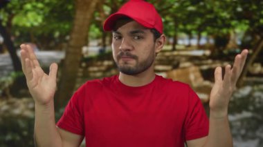 Genç İspanyol kurye, güneşli yeşil halka açık bir parkta iki elini kaldırdı..