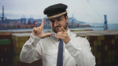 Kaptan üniformalı genç İspanyol adam kameraya işaret ediyor. Arka planda liman ve gemiler, mizah ve denizcilik seti taşıyor..