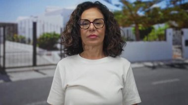 Beyaz gömlek giyen orta yaşlı İspanyol kadın banliyö sokaklarında elleri ile gözlerini kapatıyor; mahremiyet gizleme utangaçlığı kaçınma.