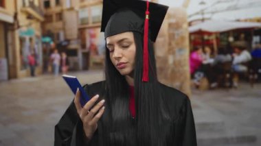 Mezuniyet elbisesi içinde Ukrayna pasaportu taşıyan kadın şehir manzarası arasında duruyor. Başarı ve yolculuğu simgeliyor..