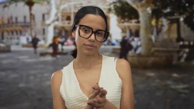 Genç İspanyol kadın kalabalık bir caddede gözlük takarak el çırpıyor ve bulanık şehir zeminine karşı düşünceli bir ifadeyle beyaz bir bluz takıyor..