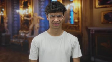 Gözlüklü genç adam tarihi galeri binasında mermer heykelin yanında burun büküyor..