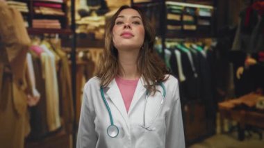 Elbise mağazasında steteskoplu İspanyol kadın doktor. Etrafı giysi raflarıyla çevrili. Eşsiz bir tıbbi profesyonellik ve perakende atmosfer karışımı yaratıyor.