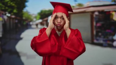 Kırmızı mezuniyet elbisesi giyen genç adam, canlı bir şehir market ortamında elleri ile yüzünü kapatıyor. Kutlamayı ve yeni başlangıçları simgeliyor..