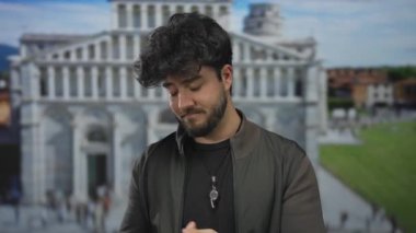 Güneşli bir günde, İtalyan mimarisinin önünde dikilen sakallı, genç İspanyol bir adam hüzünlü bir şekilde dalgın görünüyor..