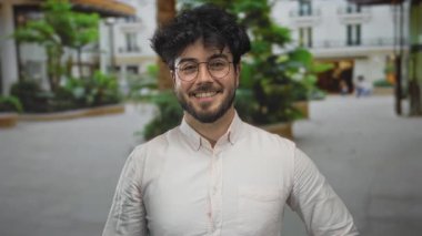 Sakallı, yeşil ve bulanık şehir geçmişi olan bir sokakta gülümseyen genç bir İspanyol..