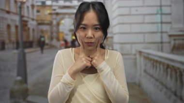 Sokak ortamında gülümseyen bir kadın, neşeli bir ifade sergiliyor, şehir ortamında açık havada..