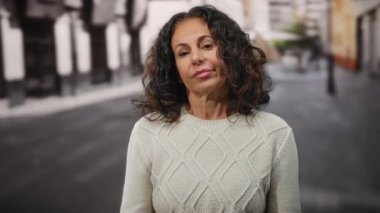 Şehir sokaklarında kıvırcık saçlı, süveter giyen, şehir ortamında sakin ve nişanlı bir ortam yaratan olgun İspanyol kadın.