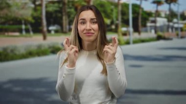 Ağaçlar ve palmiyelerle çevrili güneşli bir sokakta umut dolu bir ifadeyle beyaz kazak giyen bir kadın dua ediyor..