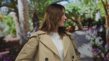 Parkta açık havada poz veren yemyeşil bir kadın, bej bir ceket giyiyor, canlı çiçekler ve ağaçlarla çevrili, güneşli bir günde güvenli bir şekilde uzaktaki bir yere bakıyor..