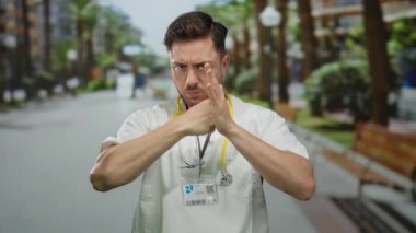 Steteskoplu genç beyaz erkek doktor şehir caddesinde kavga ediyor. Açık hava ortamında yoğun bir anı yakalıyor..