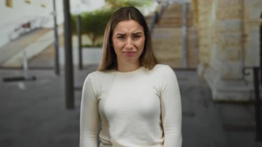 Beyaz tişörtlü genç sarışın kadın şehir sokaklarında, şehir mimarisinin ve yeşilliğin ortasında gün ışığında düşünceli bir ifadeyle dikiliyor..