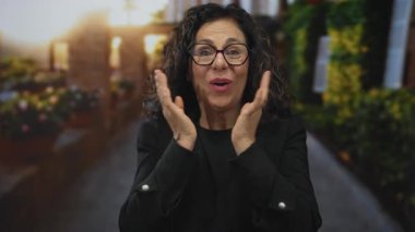 Gözlüklü İspanyol kadın açık hava parkında şaşkınlık ve neşe ifade ediyor. Bulanık yeşil ve güneşli bir yolda..