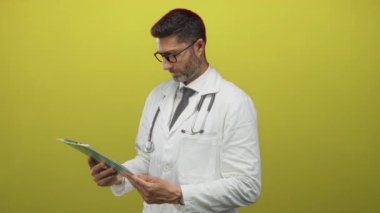 Steteskop kullanan doktor, pano okuyor ve stüdyoda sarı zemin ile tıbbi notları kontrol ediyor..