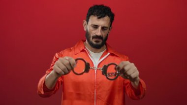 Hapishane tulumlu, parlak kırmızı bir arka plana kelepçeli İspanyol sakallı bir adam yansıtıcı ve ciddi bir atmosferi canlandırıyor..