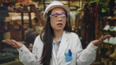 Kasketli ve laboratuvar önlüklü Çinli kadın giyim mağazasında kameraya doğru bakıyor..