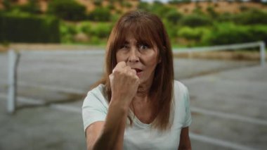 Açık hava tenis kortunda duygularını ifade eden son sınıf öğrencisi bir kadın. Çevresi yeşilliklerle çevrili. Spor ortamında kararlılık ve tutkuyu vurguluyor..