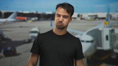 Havaalanında arka planda uçaklarla gülümseyen genç bir adam keyifli bir seyahat anı yakalıyor..