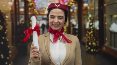 Üniformalı kadın uçuş görevlisi mezuniyetten sonra gururunu ve başarısını dile getiren arka planda şehir ışıklarıyla festival caddesinde diplomasını tutuyor.