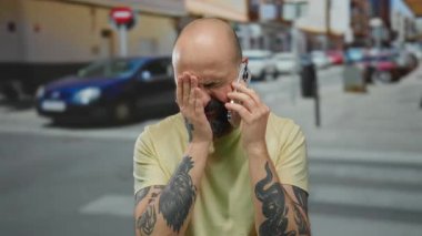Dövmeli bir adam, şehir caddesinde, kederli bir şekilde telefon tutuyor açık havada konuşurken hayal kırıklığını tasvir ediyor, kel ve sakallı, kederli bir ifadeyle..