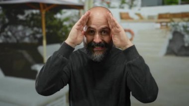 Kel ve sakallı bir adam güneşli bir günde, şehir ortamında yüzünü sakallı bir şekilde kapatıyor, dövmeler gösteriyor ve açık alanda bulanık arka planda anlamlı jestler yapıyor.