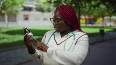Kadın Afro-Amerikalı doktor güneşli bir parkta ilaç şişesi tutuyor, steteskop takıyor ve dışarıda ilaç detaylarını anlatıyor..