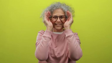 Pembe kazaklı, gri saçlı orta yaşlı bir kadın, parlak sarı arka plan duvarının önünde gülümseyen elleriyle yüzünü kaldırıyor..