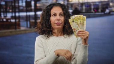 Romen banknotlarını elinde tutan orta yaşlı bir kadın yoğun bir şehir caddesinde düşünceli bir şekilde, kentsel bir arka planda mali durumları yansıtıyor..