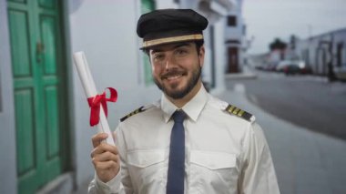 Üniformalı genç adam sokakta gülümserken açık havada kaptan şapkası takıyor başarıyı ve başarıyı gözler önüne seriyor..