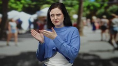 Bulanık yayalar ve güneşli havayla çevrili, hareketli mavi bir kazak giyen, açık havada şaşkınlık ve huzursuzluk ifade eden bir kadın..