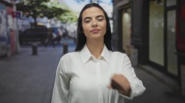 Latin kökenli genç bir kadın, arka planı bulanık, beyaz gömlek giyerken kendine güveni ve gururu yüksek ve gün ışığında gülümseyen şehir sokağındaki kameraya doğru elini uzatıyor..