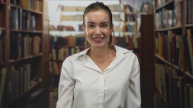 Kütüphane koridorunda beyaz gömlekli bir kadın kütüphanenin raflarının yakınını işaret ediyor..