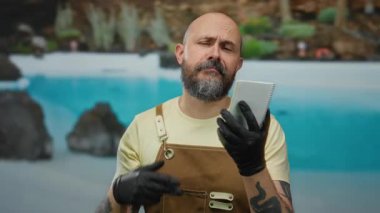 Sakallı ve eldiven takan bir adam defterini otelin açık havuzunda, yemyeşil bir otelin ortasında tutuyor..