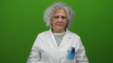 Beyaz önlüklü, kalemli bir kadın, izole edilmiş yeşil duvar arka planına şaşırmış görünüyor..