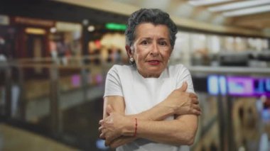 Gri saçlı yaşlı bir kadın alışveriş merkezinde üşüyor, beyaz bir gömlek giyiyor ve kollarını çapraz yapıp, kapalı bir alışveriş merkezinin etrafında dolaşmaktan rahatsız oluyor..