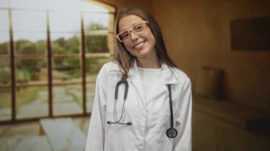 Beyaz önlüklü kadın doktor steteskop takmış gülümsüyor ve kafasını büyük pencereli bir salonun içine eğiyor..